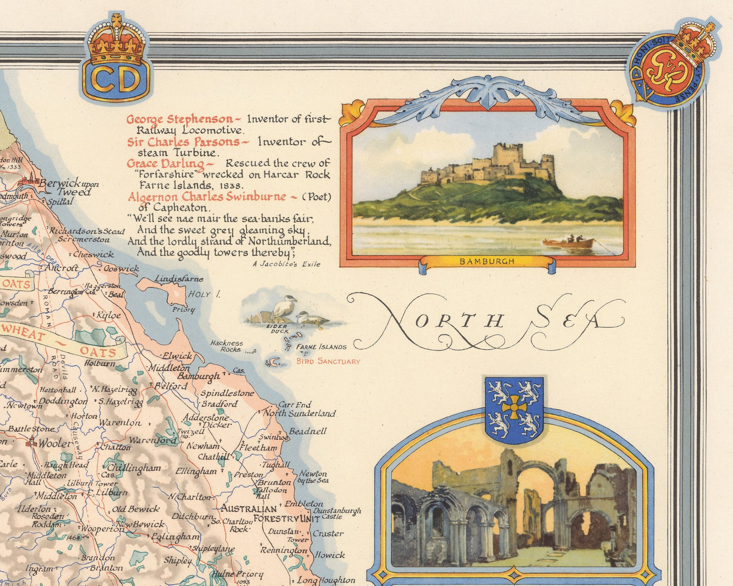 Vintage NORTHUMBERLAND Map, 1946, Ernest Clegg, Morpeth Hexham