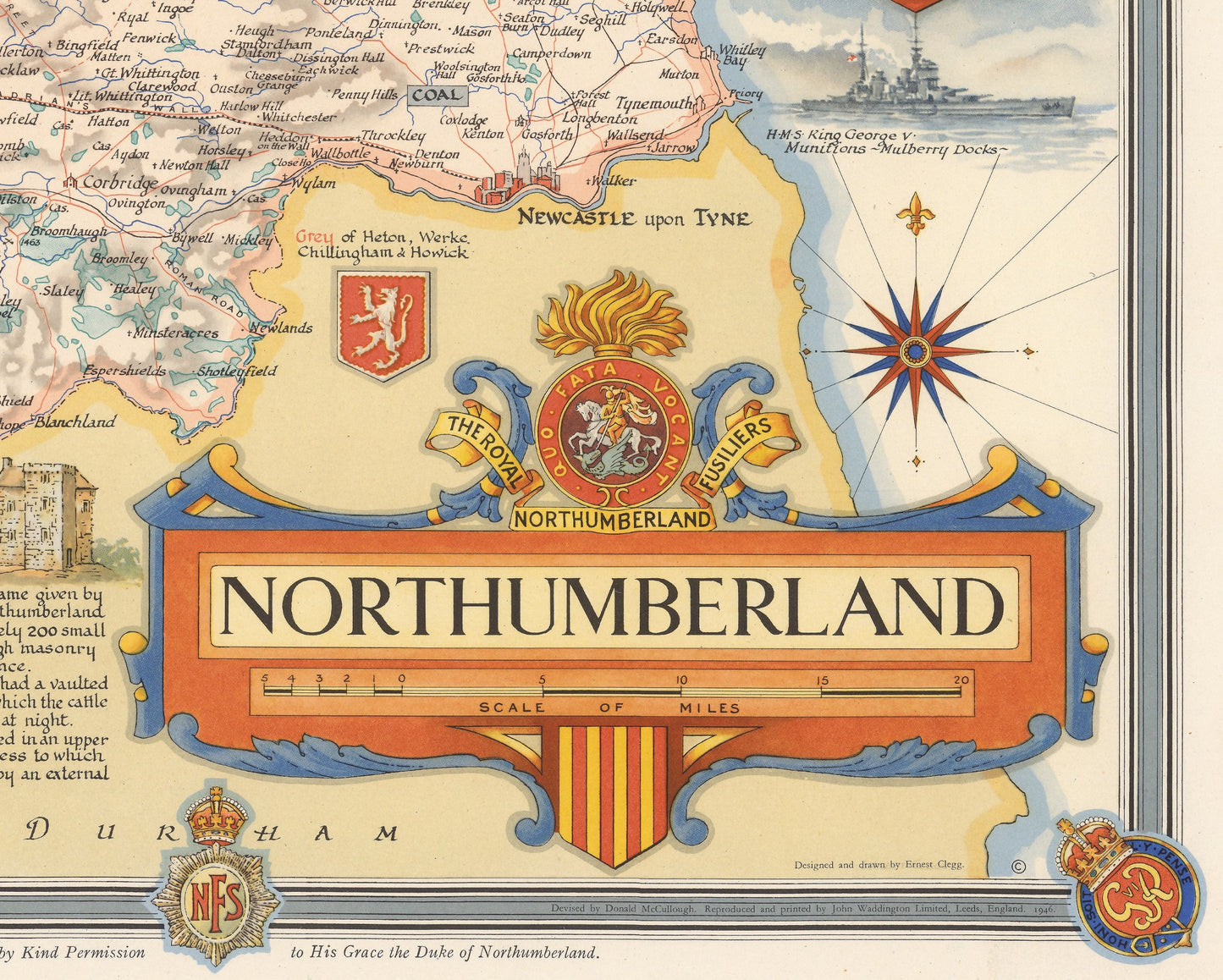 Vintage NORTHUMBERLAND Map, 1946, Ernest Clegg, Morpeth Hexham
