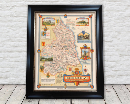 Vintage NORTHUMBERLAND Map, 1946, Ernest Clegg, Morpeth Hexham