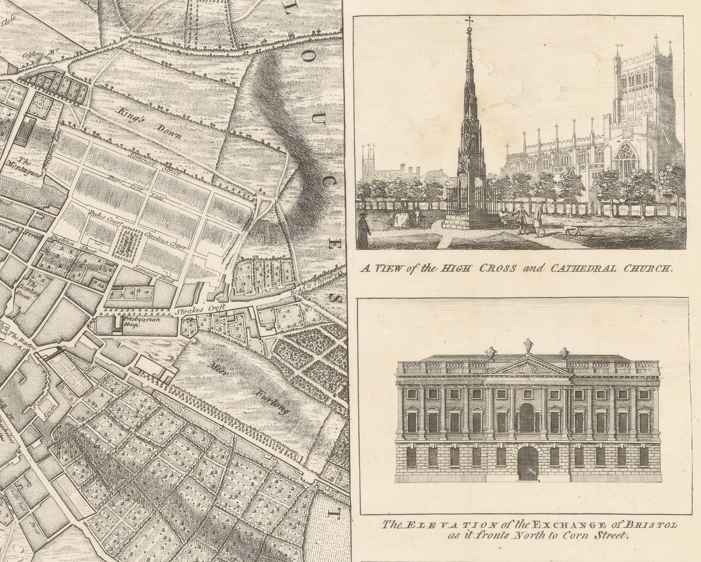 Rare Old BRISTOL Map 1750 John Rocque - Clifton, Redcliffe, Cathedral