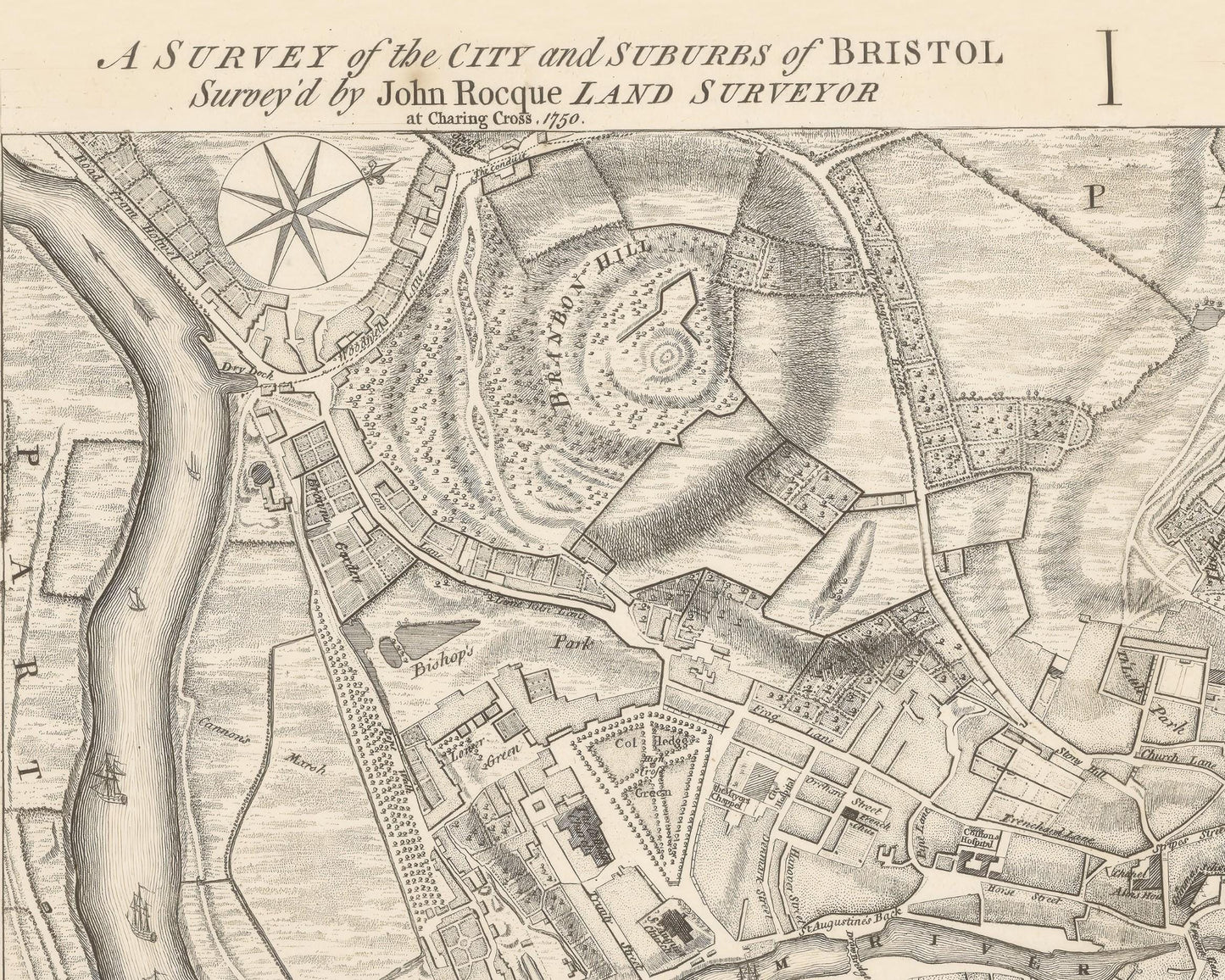 Rare Old BRISTOL Map 1750 John Rocque - Clifton, Redcliffe, Cathedral