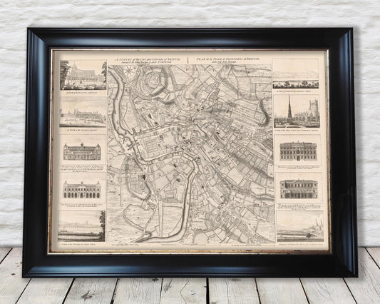 Rare Old BRISTOL Map 1750 John Rocque - Clifton, Redcliffe, Cathedral