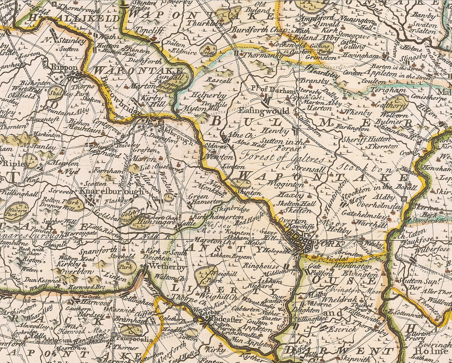 Beautiful YORKSHIRE RIDINGS Map Emanuel Bowen 1750