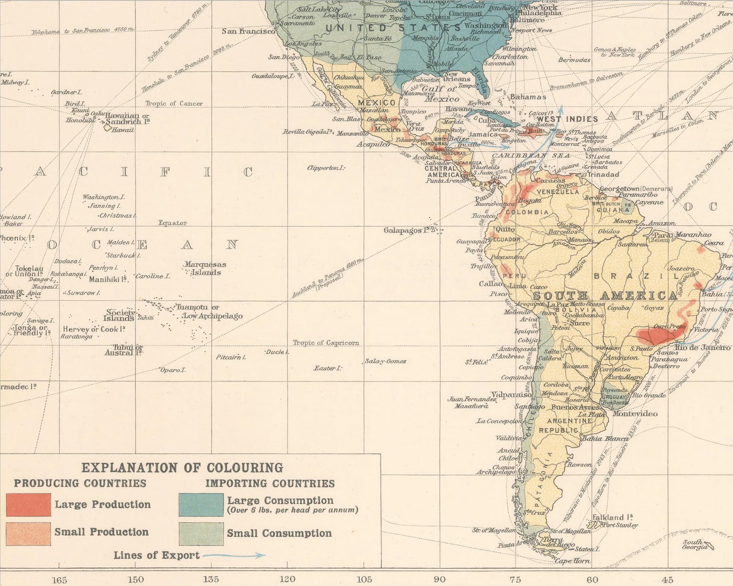 COFFEE growing Countries Map 1907 reproduction JG Bartholomew