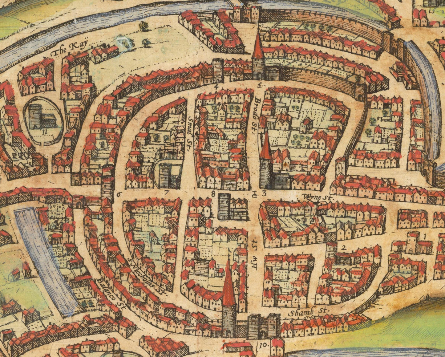Old BRISTOL Map 1588 by Braun - Bristowe, Temple gate, St Mary Redcliffe
