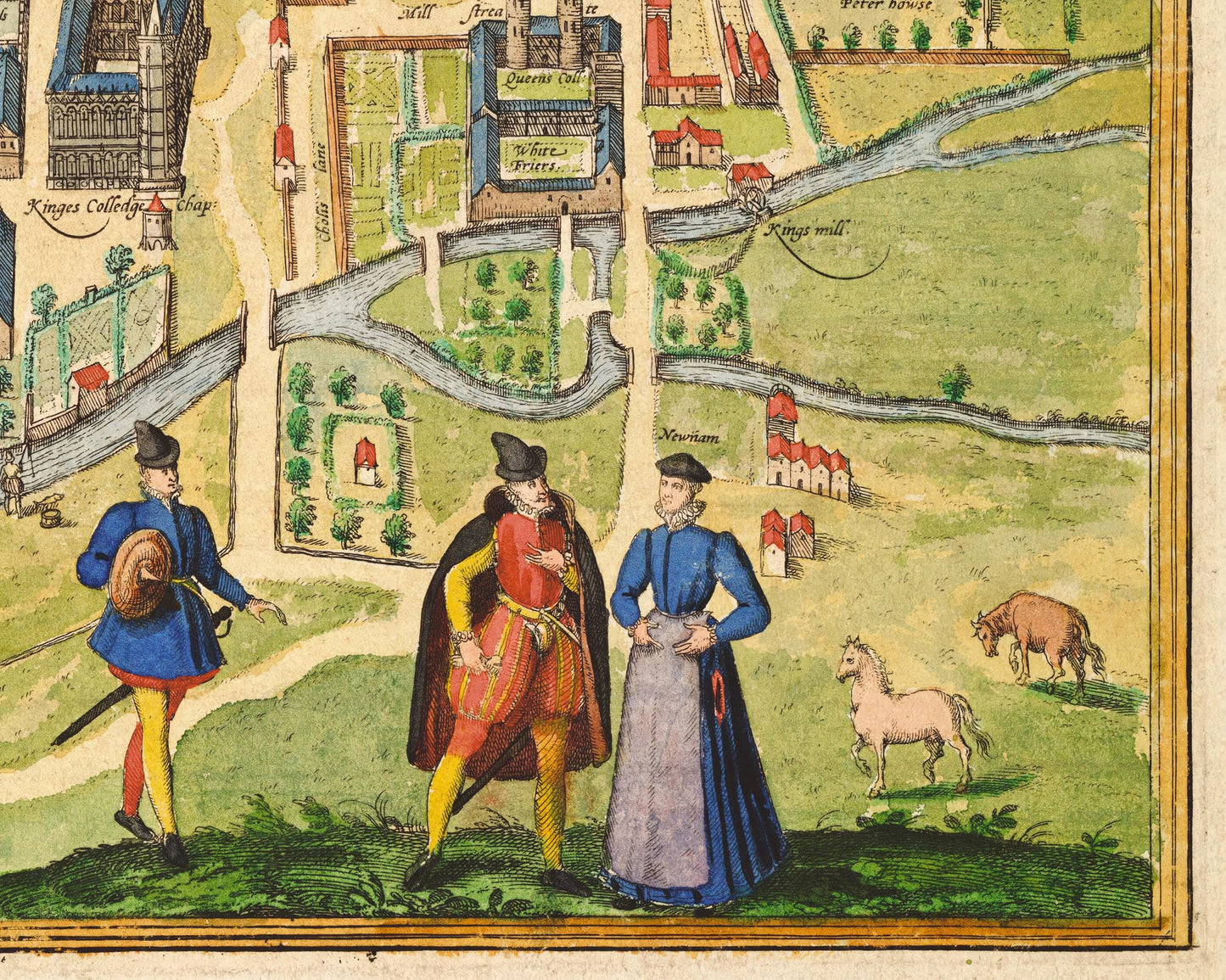 Old CAMBRIDGE and University Map 1575 by Braun - Trinity, Kings, Queens