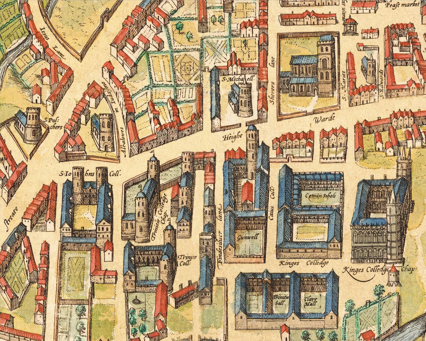 Old CAMBRIDGE and University Map 1575 by Braun - Trinity, Kings, Queens