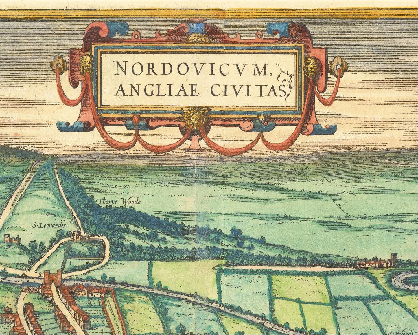 Old Norwich Map 1581 by Braun - Nordovicum Norwich Castle Cathedral