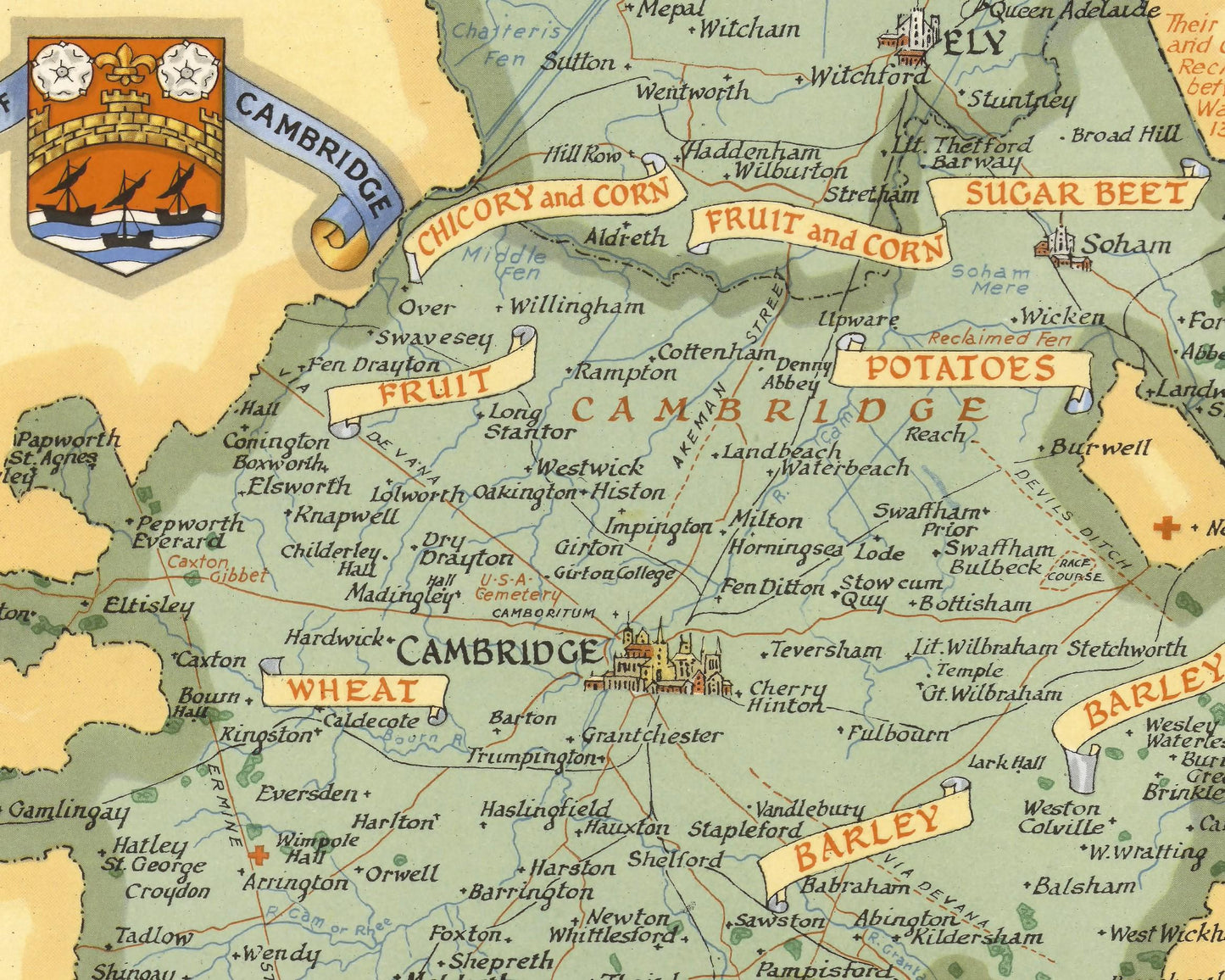 Vintage CAMBRIDGESHIRE Map, 1947, Ernest Clegg, Cambridge, Ely
