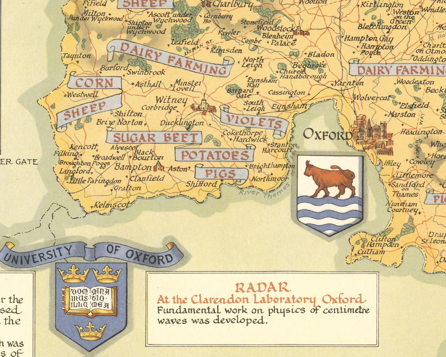 Vintage OXFORDSHIRE Map, 1947, Ernest Clegg - Oxford, Banbury