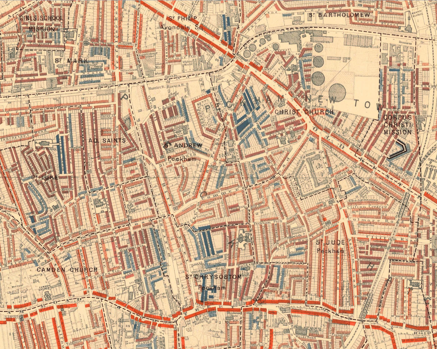 LONDON poverty Map Oval, Brixton, Herne Hill 1898 Charles BOOTH