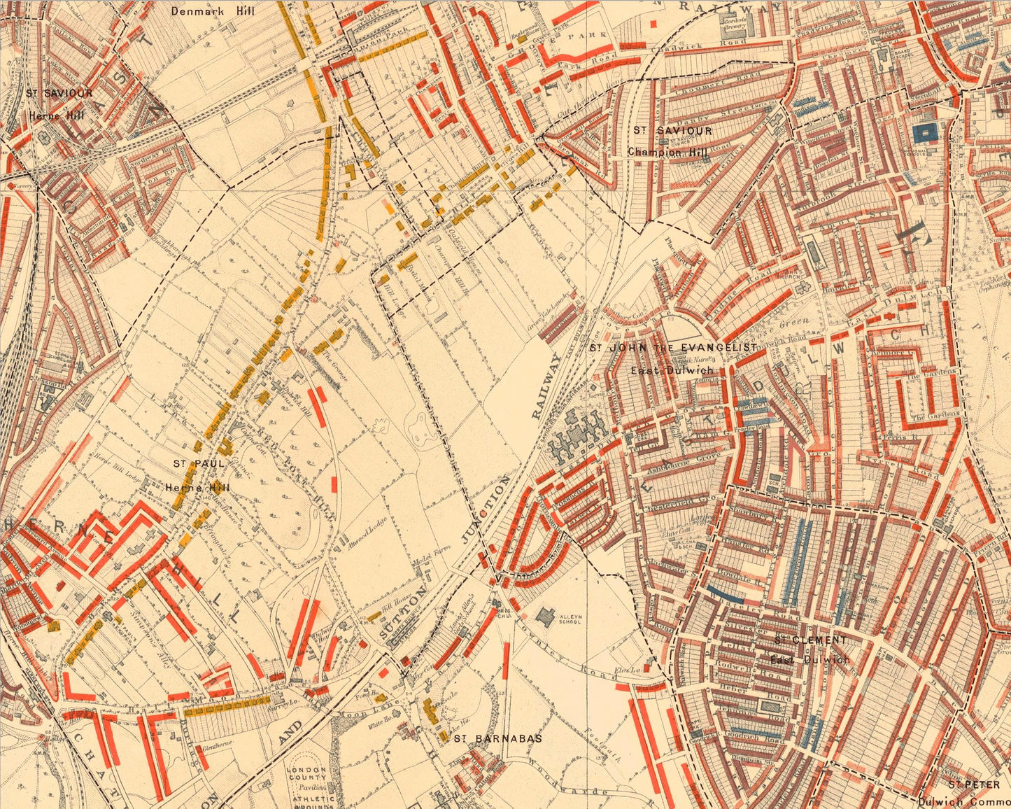 LONDON poverty Map Oval, Brixton, Herne Hill 1898 Charles BOOTH