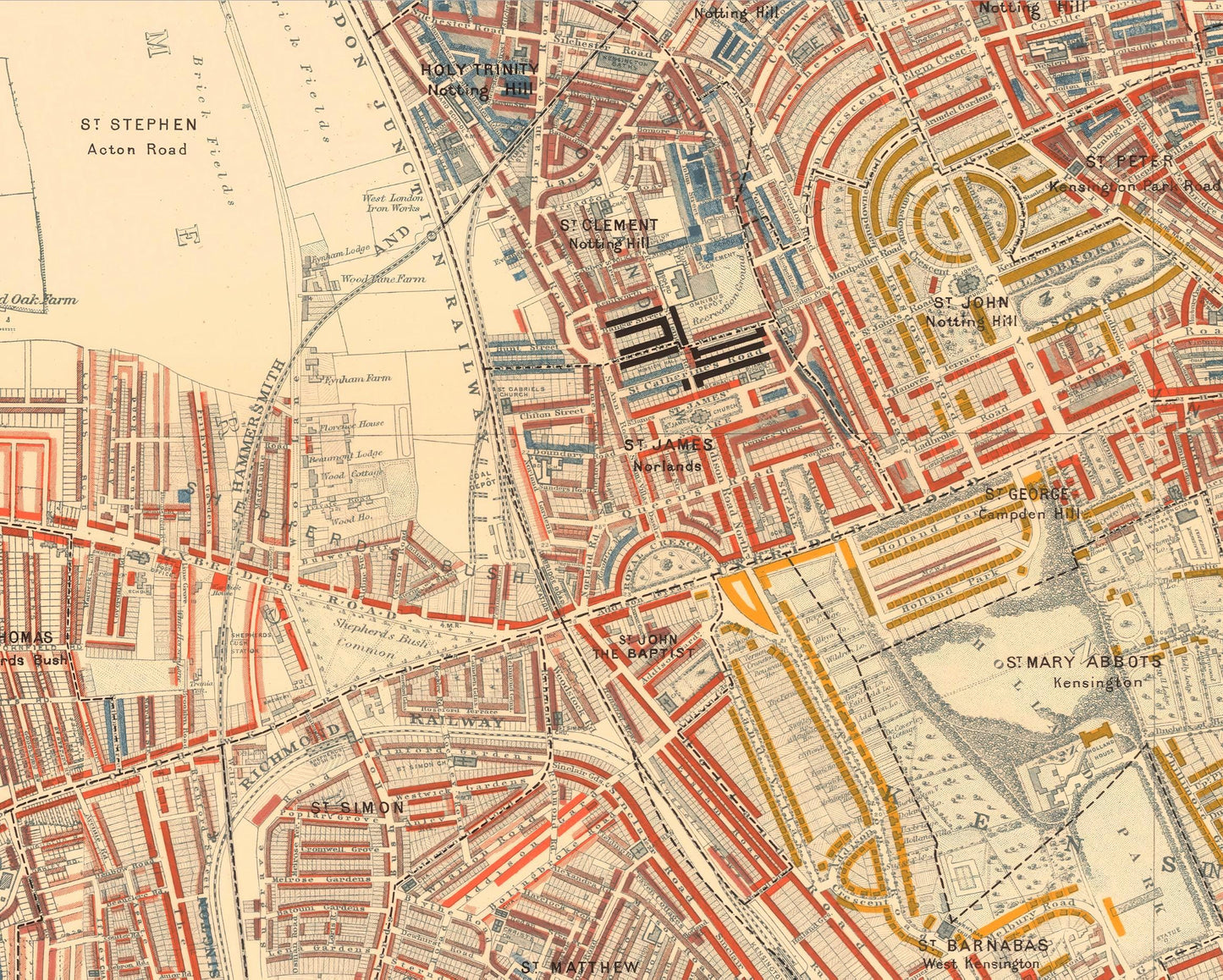 LONDON poverty Map Notting Hill, Hammersmith 1898 by Charles BOOTH