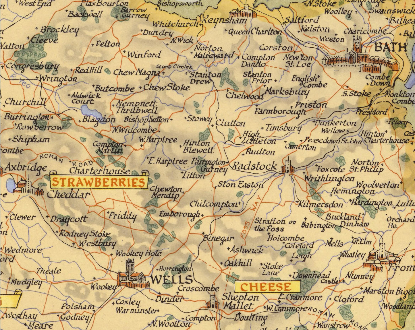 Vintage SOMERSET Map, 1947, Ernest Clegg - Taunton, Bath, Wells