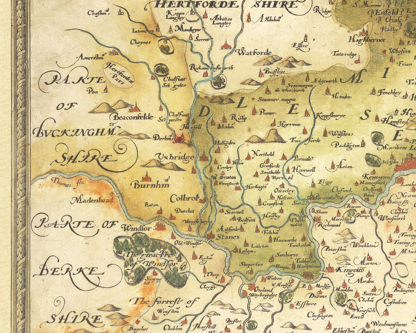 Old Map of Southeast England in 1575 - Kent Sussex Surrey Middlesex