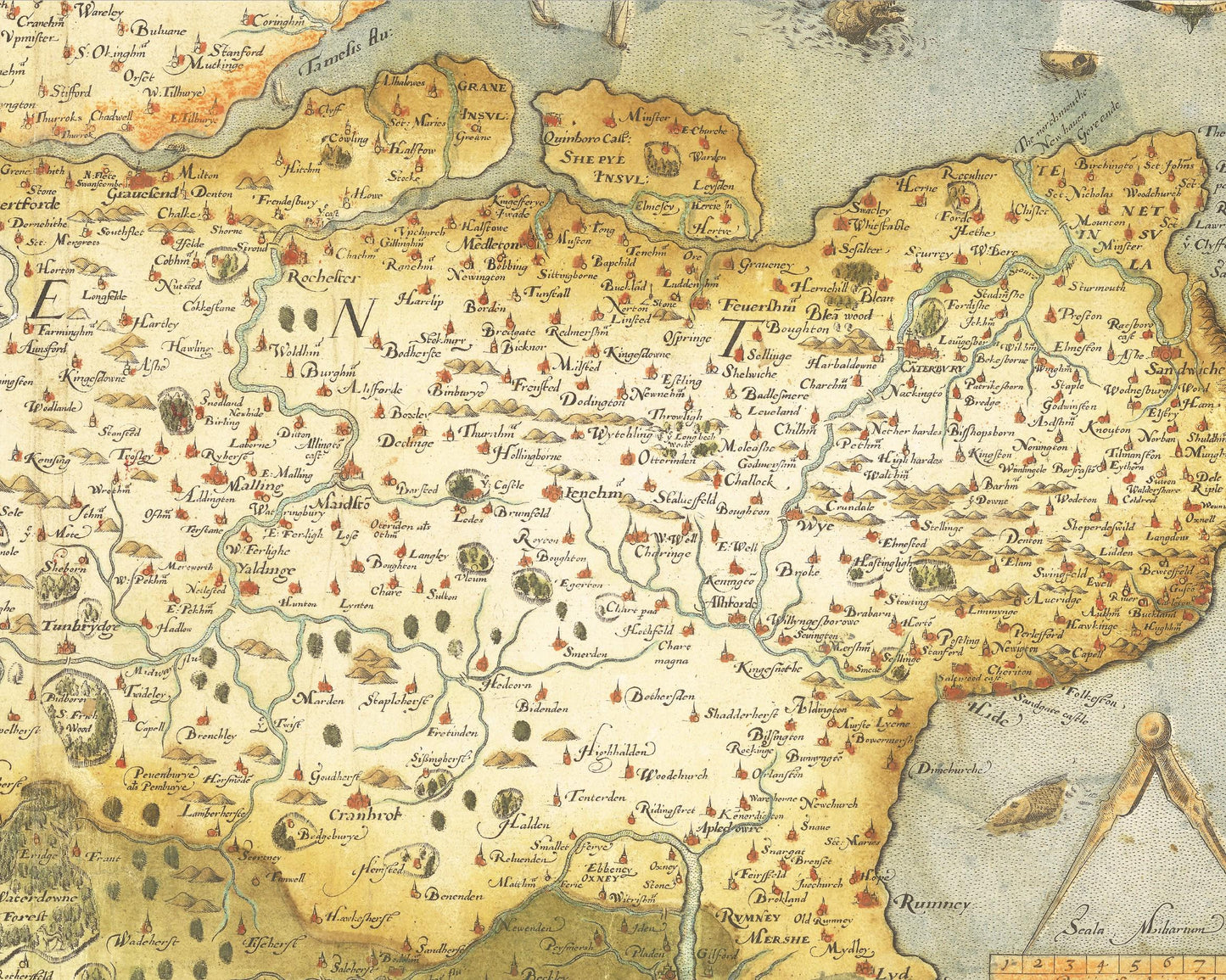 Old Map of Southeast England in 1575 - Kent Sussex Surrey Middlesex