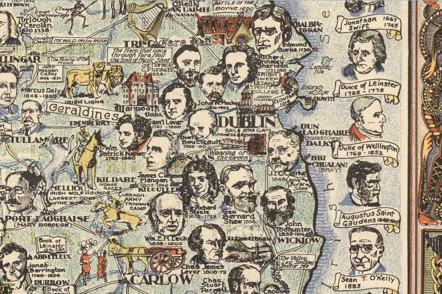 Pictorial Story Map of Ireland 1936 - Dublin, Belfast, Joyce, Wilde