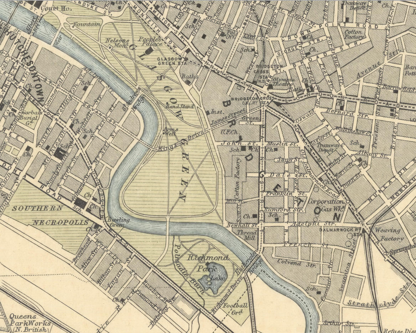 Extended Old GLASGOW Map 1912 by Bartholomew - Govan, Pollokshields