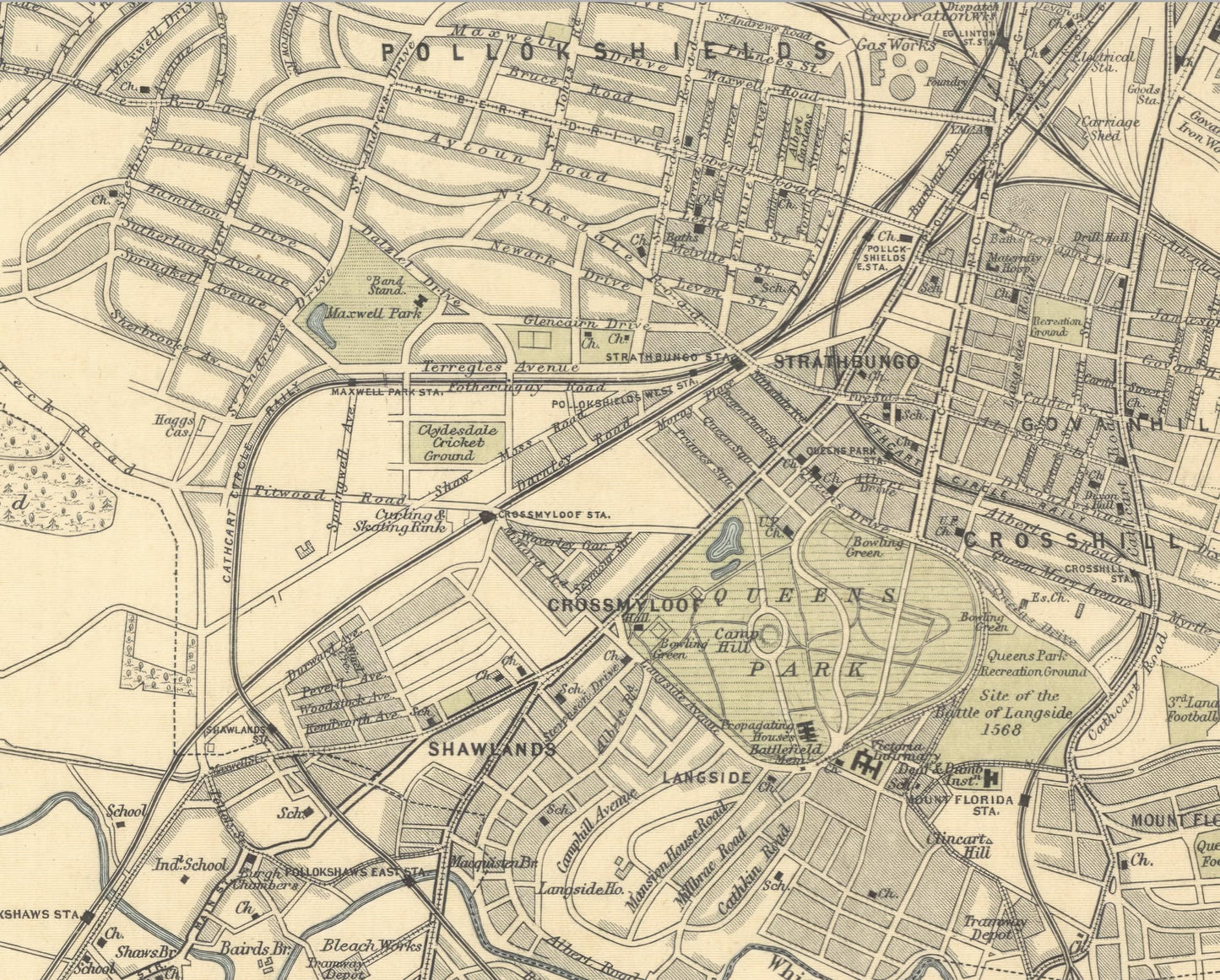 Extended Old GLASGOW Map 1912 by Bartholomew - Govan, Pollokshields