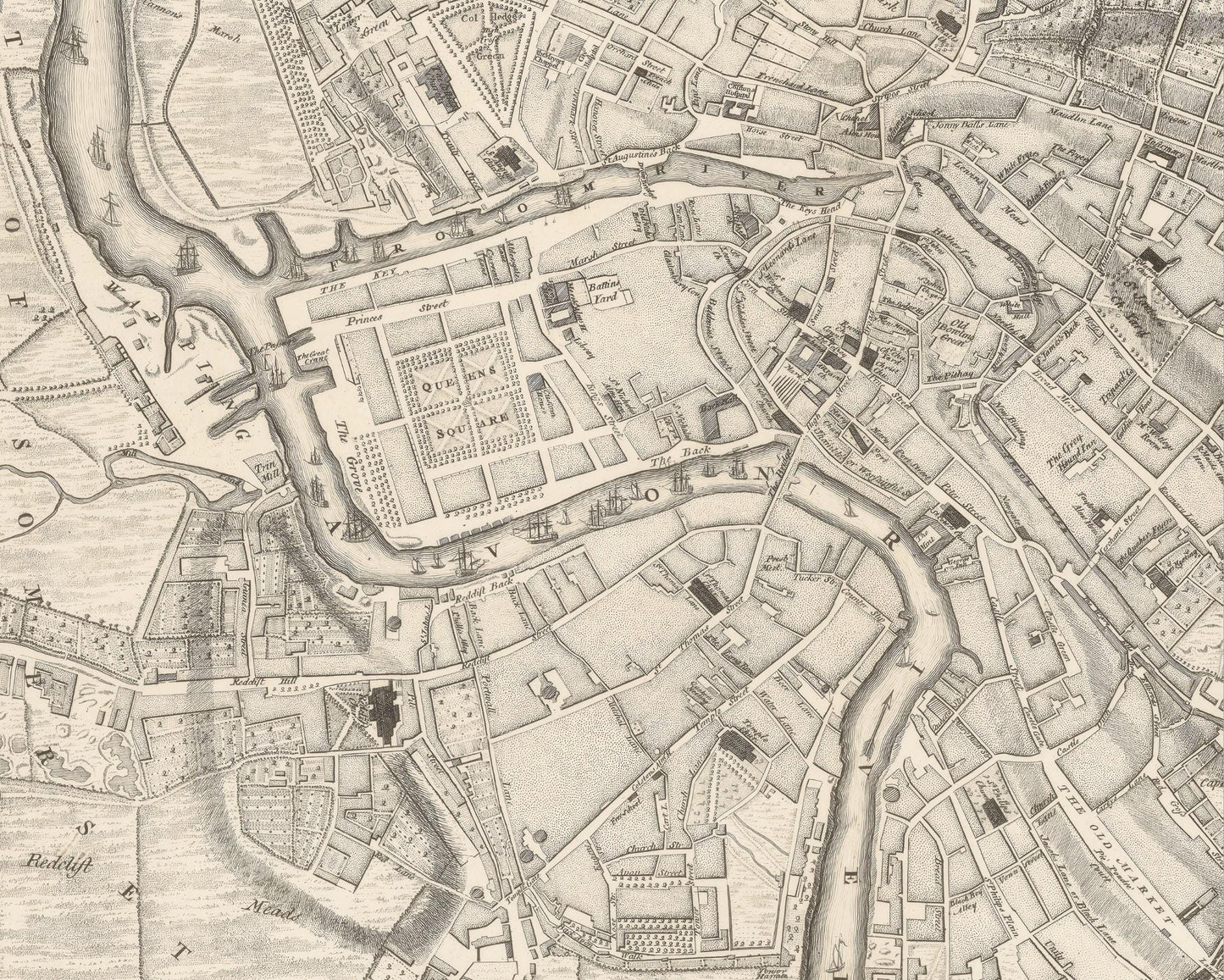 Rare Old BRISTOL Map 1750 John Rocque - Clifton, Redcliffe, Cathedral