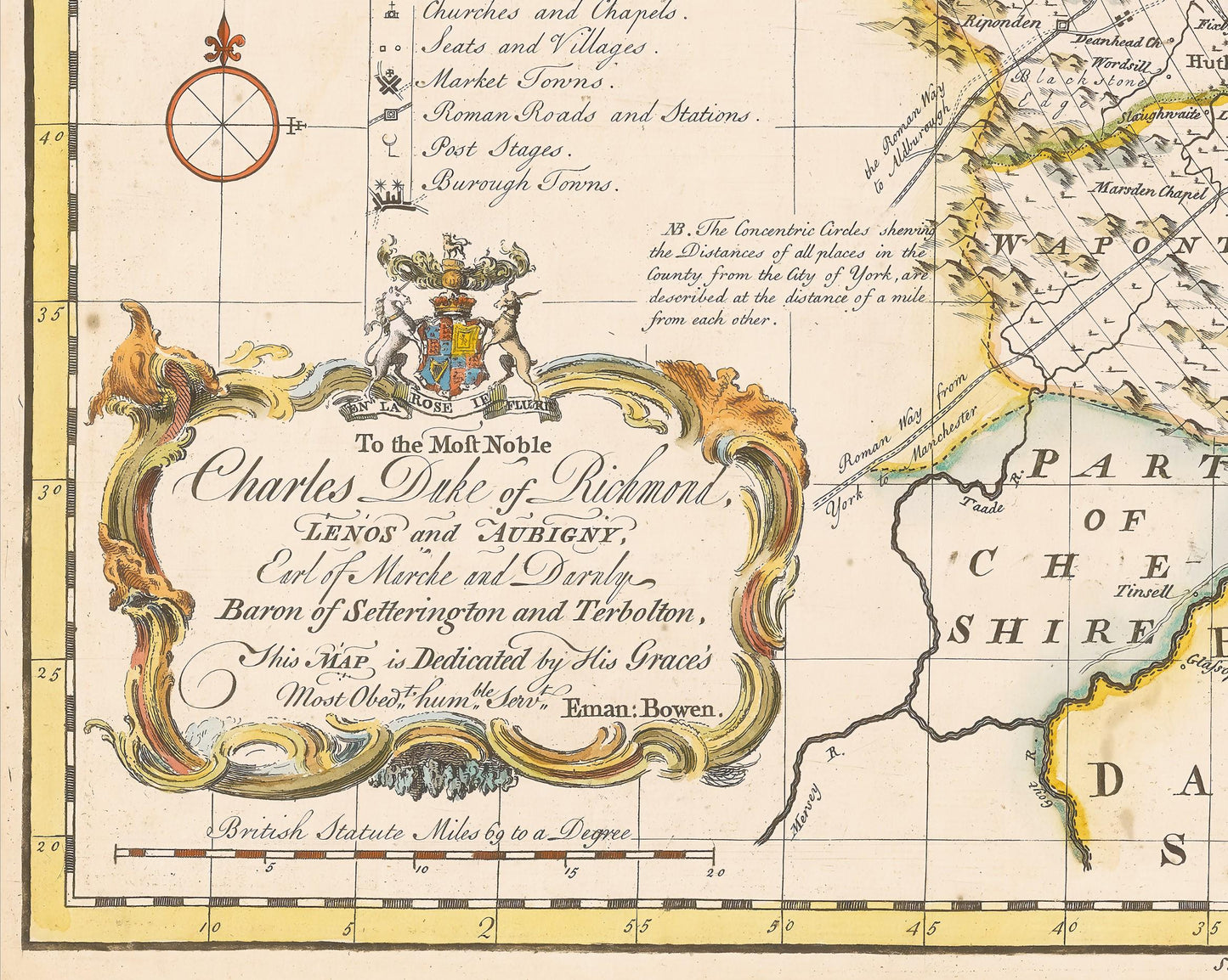 Beautiful YORKSHIRE RIDINGS Map Emanuel Bowen 1750