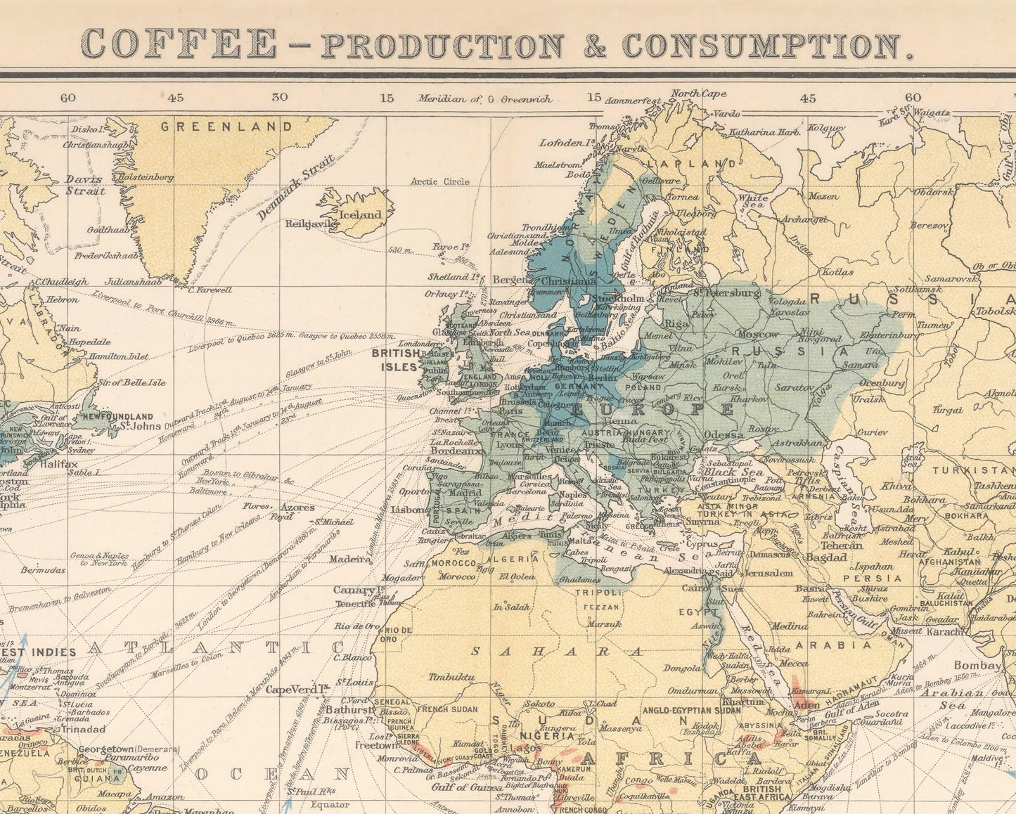COFFEE growing Countries Map 1907 reproduction JG Bartholomew
