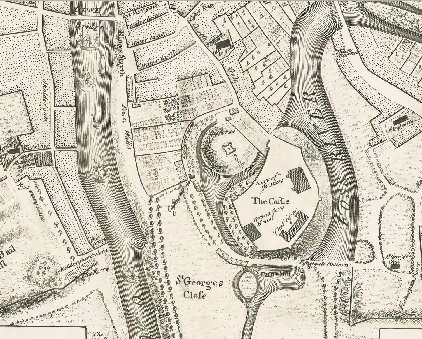 Rare Old YORK Map 1750 John Rocque - York Minster, Cliffords Tower