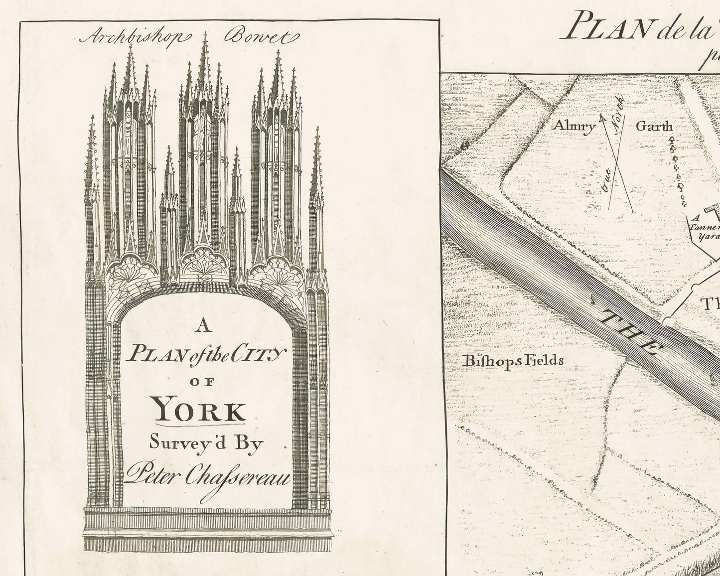 Rare Old YORK Map 1750 John Rocque - York Minster, Cliffords Tower