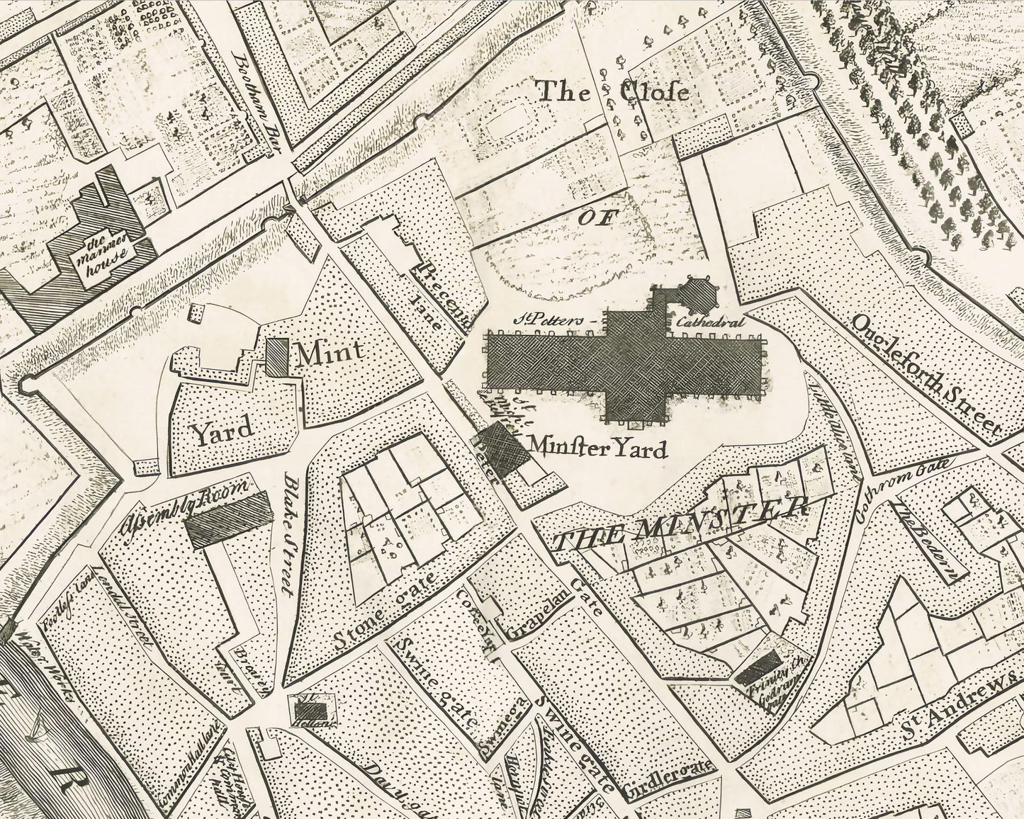 Rare Old YORK Map 1750 John Rocque - York Minster, Cliffords Tower
