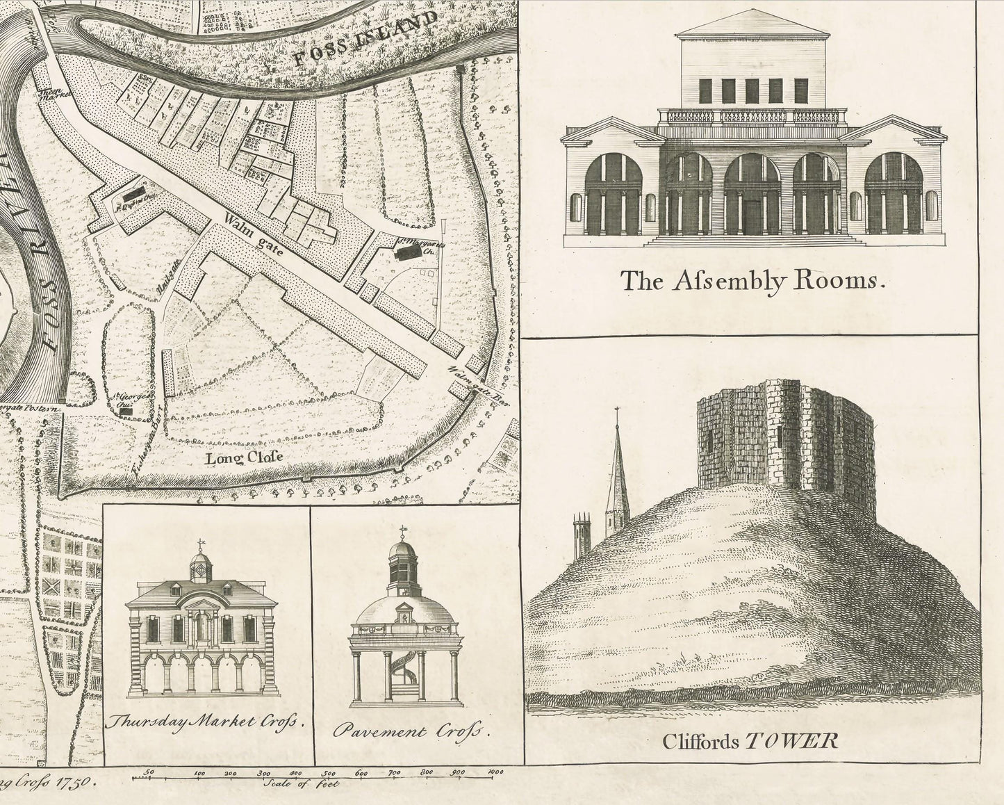 Rare Old YORK Map 1750 John Rocque - York Minster, Cliffords Tower