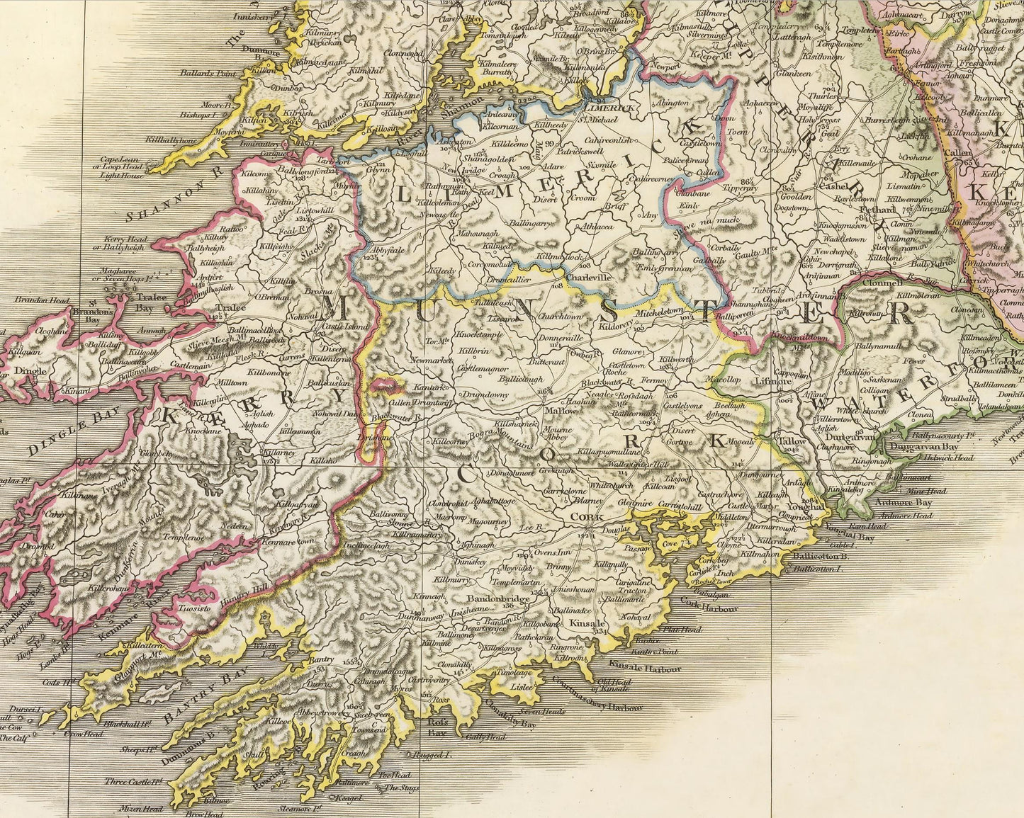 Old Ireland Map 1798 by W. Faden - Dublin Belfast, Cork,Ulster Leinster