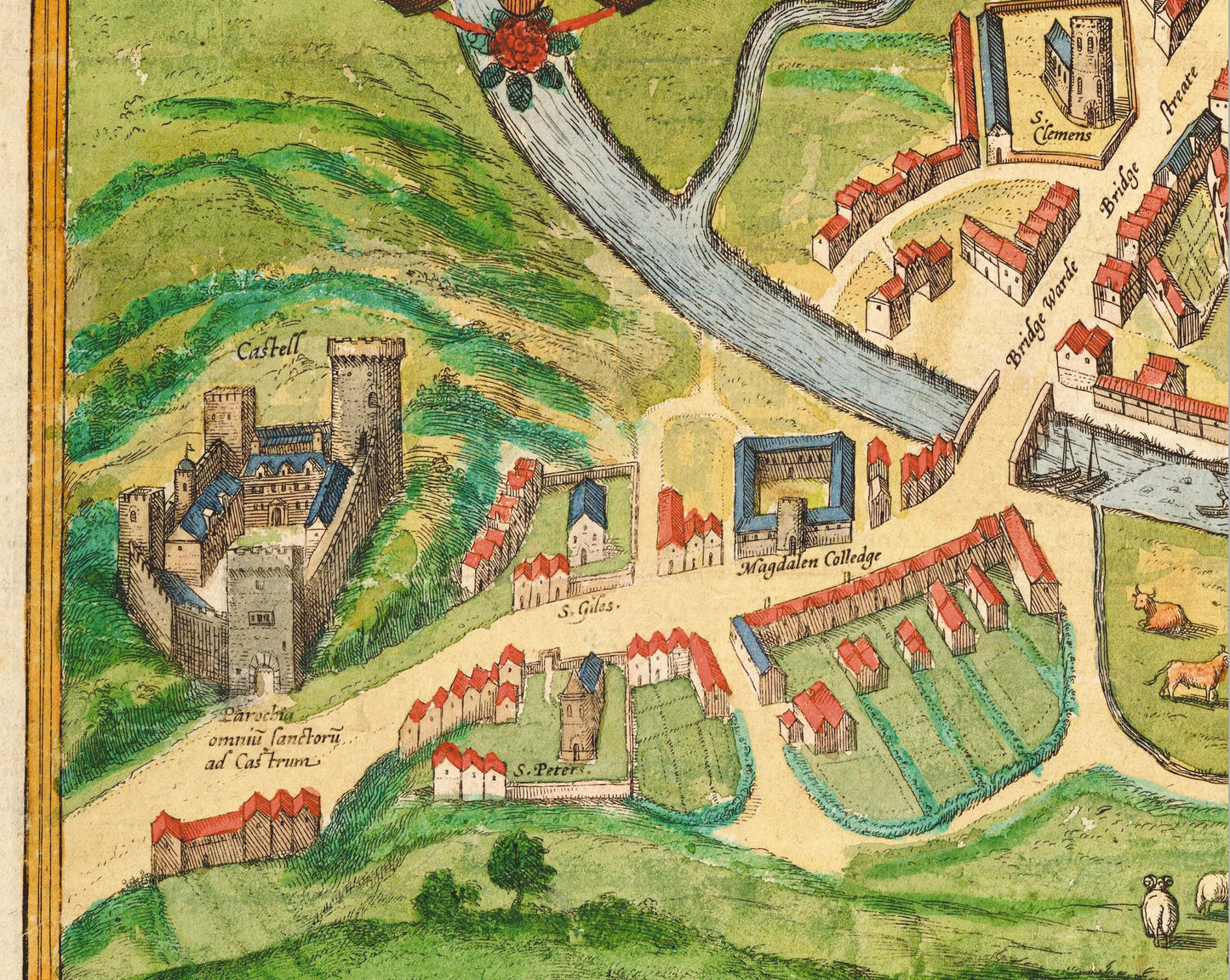 Old CAMBRIDGE and University Map 1575 by Braun - Trinity, Kings, Queens
