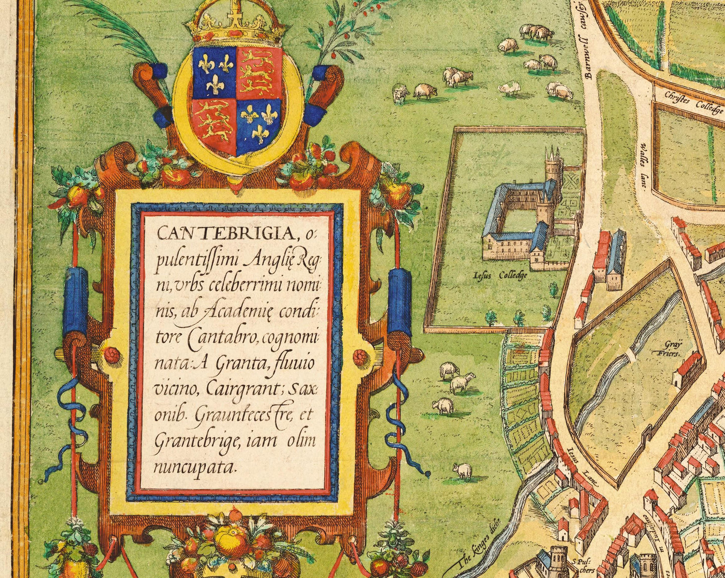 Old CAMBRIDGE and University Map 1575 by Braun - Trinity, Kings, Queens