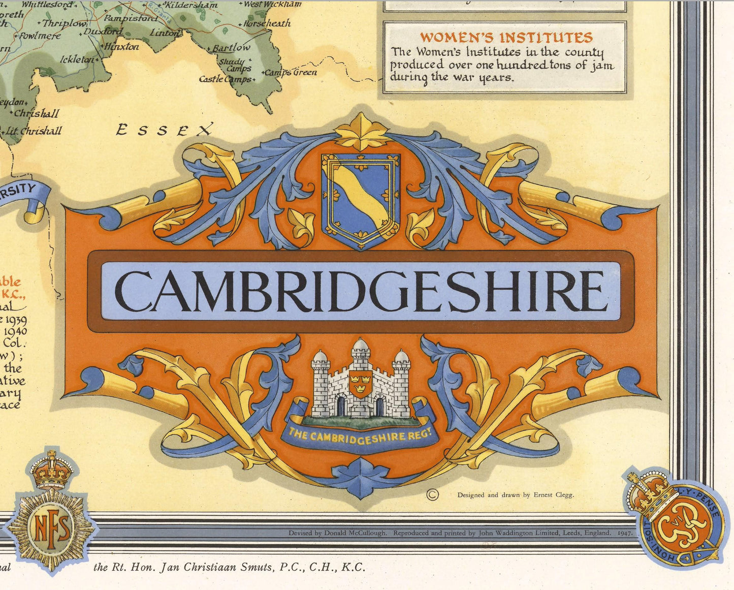 Vintage CAMBRIDGESHIRE Map, 1947, Ernest Clegg, Cambridge, Ely