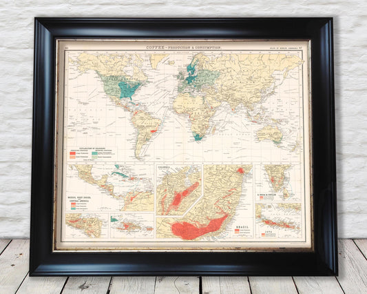 COFFEE growing Countries Map 1907 reproduction JG Bartholomew