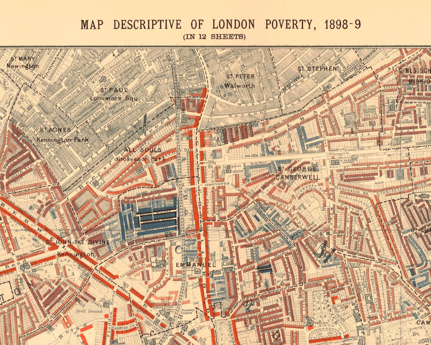 LONDON poverty Map Oval, Brixton, Herne Hill 1898 Charles BOOTH
