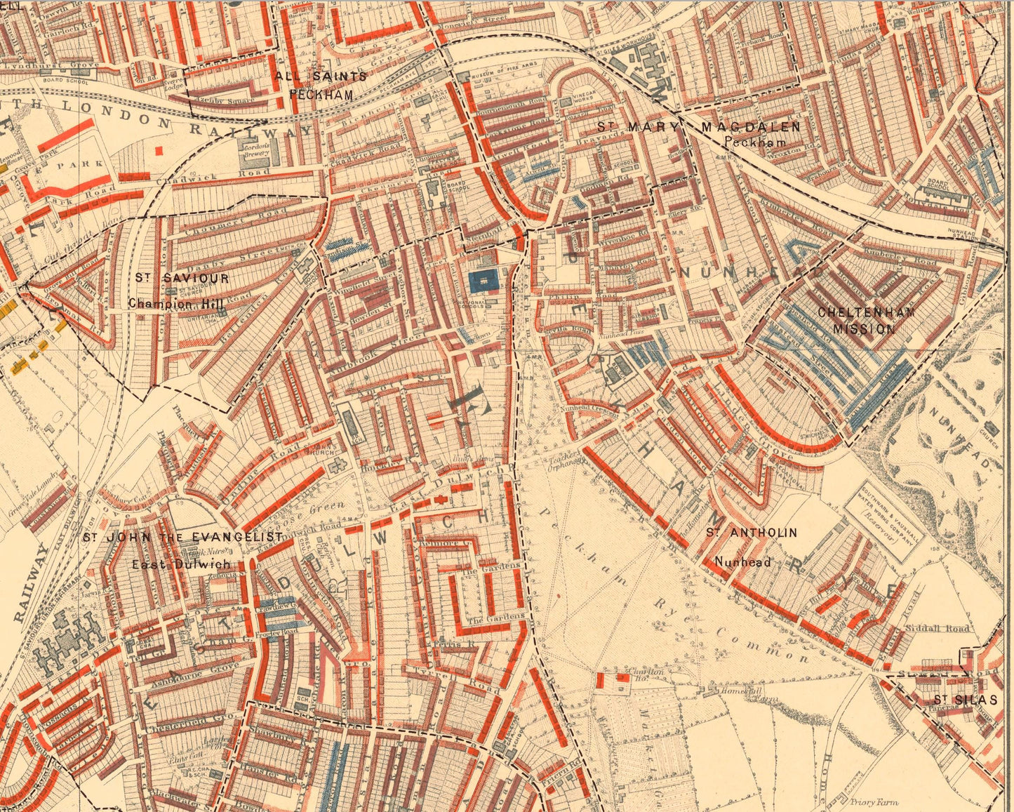 LONDON poverty Map Oval, Brixton, Herne Hill 1898 Charles BOOTH