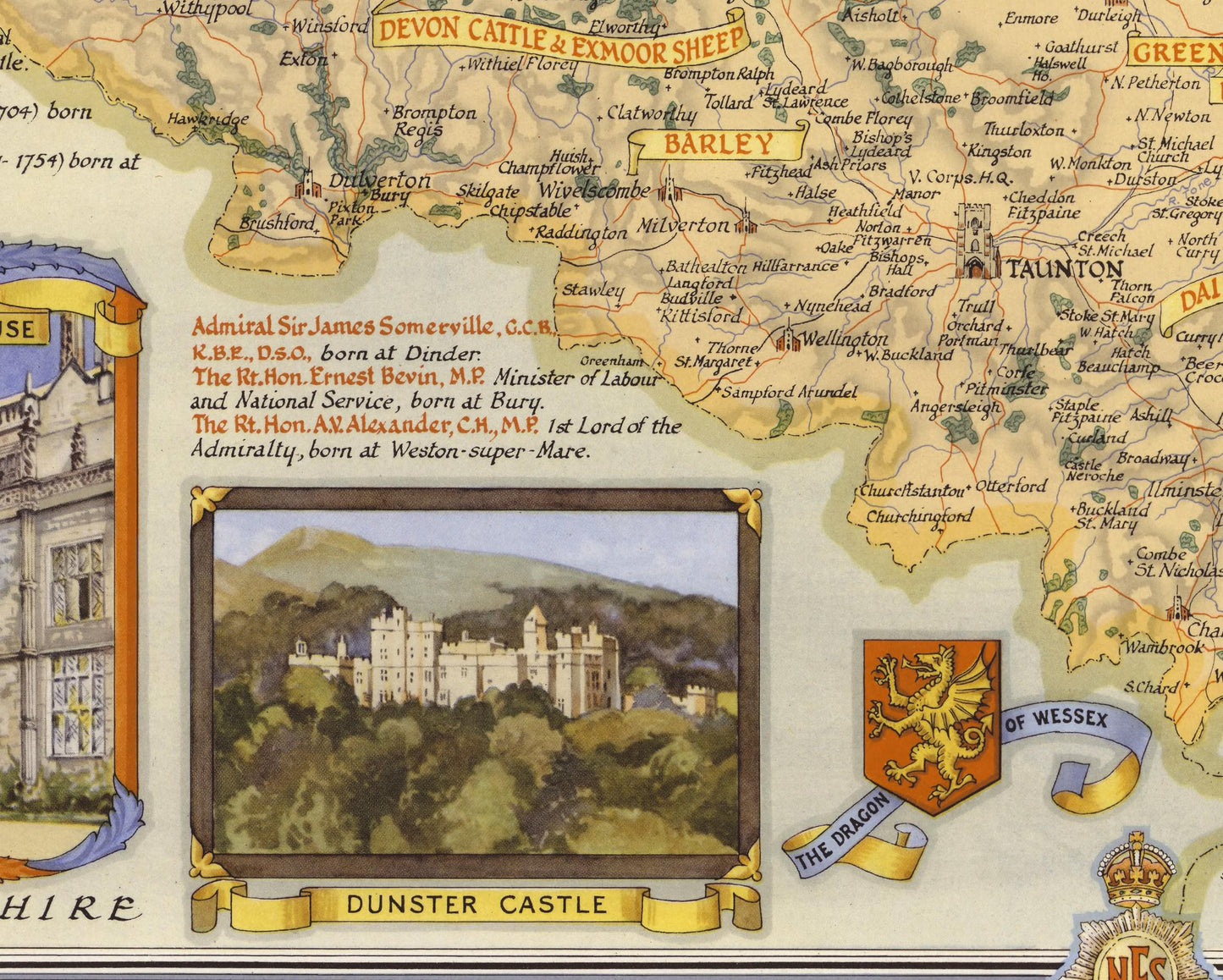 Vintage SOMERSET Map, 1947, Ernest Clegg - Taunton, Bath, Wells
