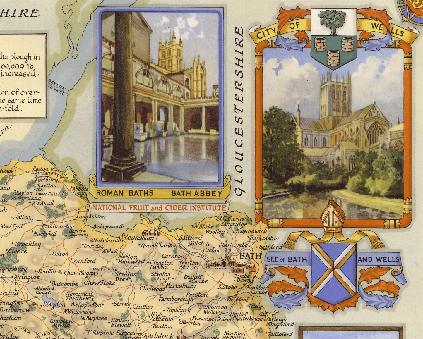Vintage SOMERSET Map, 1947, Ernest Clegg - Taunton, Bath, Wells