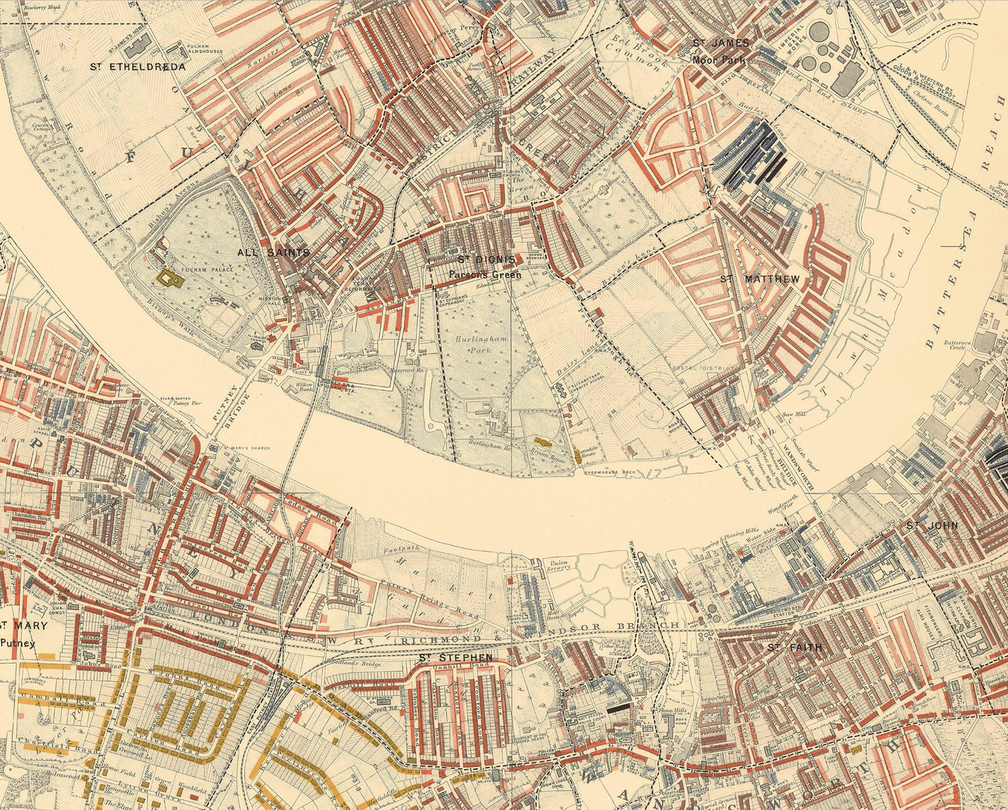 LONDON poverty Map 1898 by Charles BOOTH - Battersea Clapham Putney