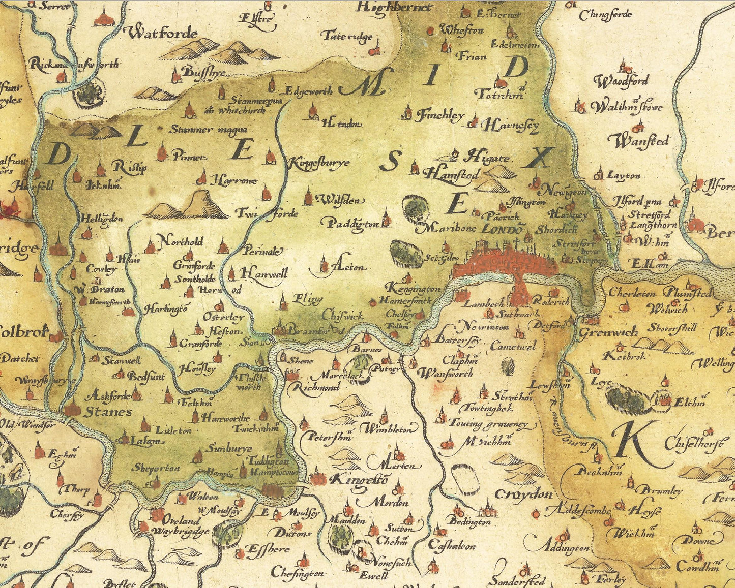 Old Map of Southeast England in 1575 - Kent Sussex Surrey Middlesex