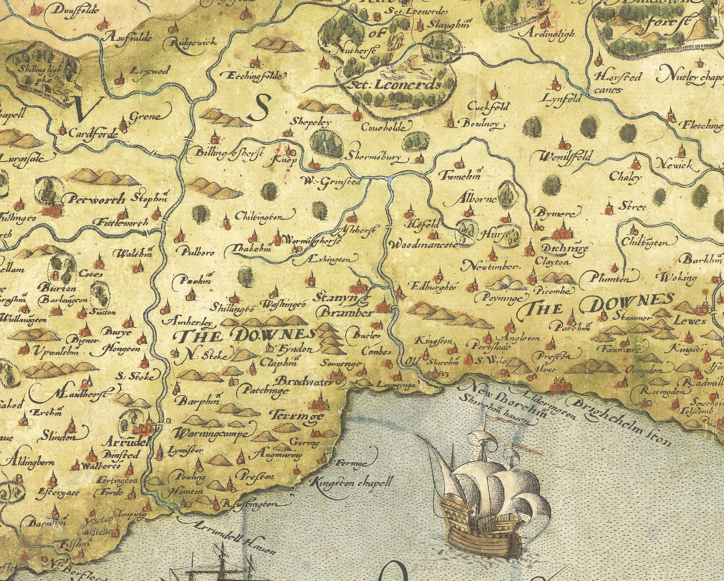 Old Map of Southeast England in 1575 - Kent Sussex Surrey Middlesex