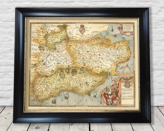 Old Map of Southeast England in 1575 - Kent Sussex Surrey Middlesex