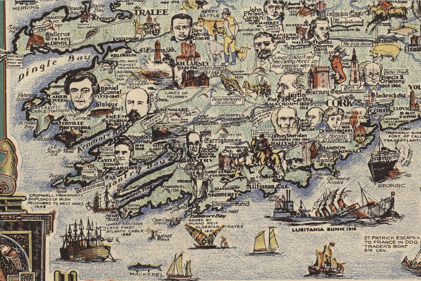 Pictorial Story Map of Ireland 1936 - Dublin, Belfast, Joyce, Wilde