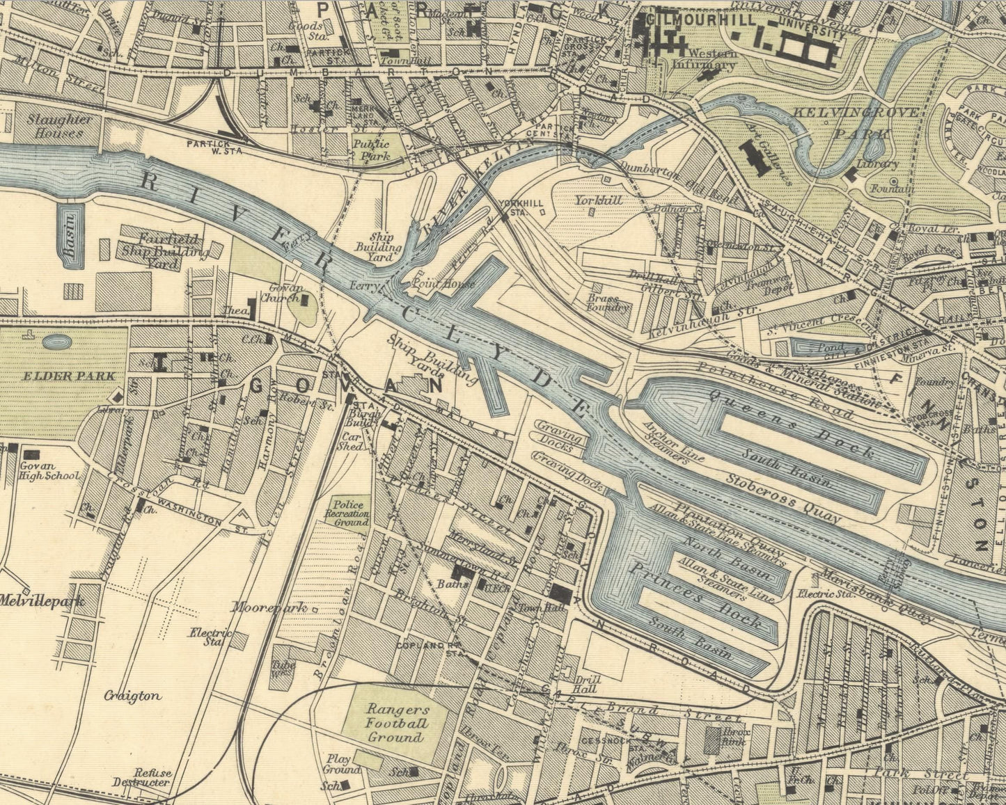 Extended Old GLASGOW Map 1912 by Bartholomew - Govan, Pollokshields