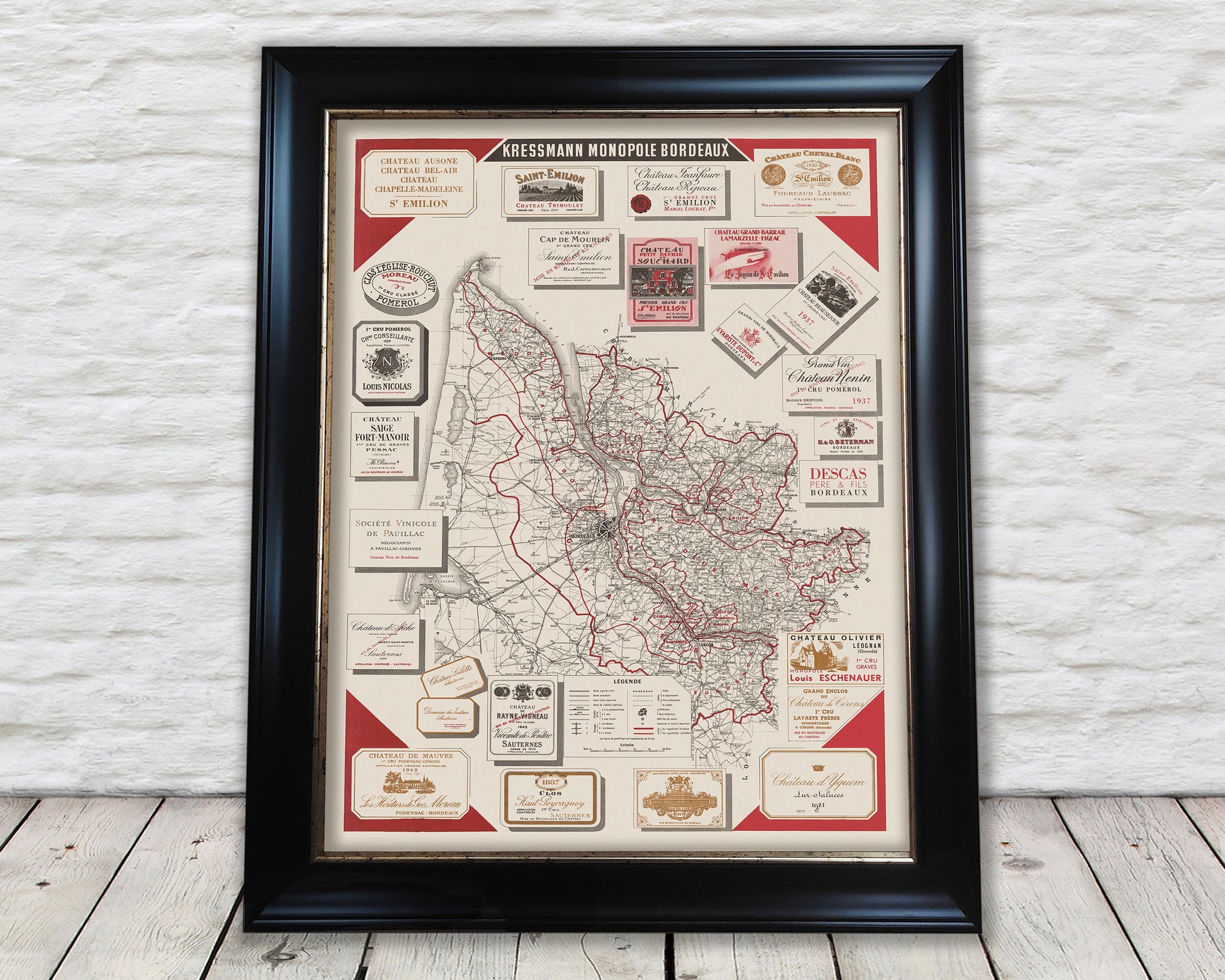 Wine Map of Bordeaux, framed