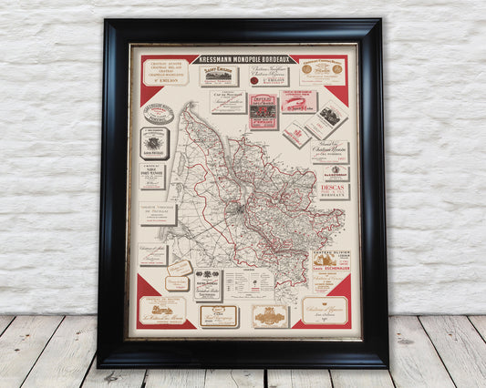 Wine Map of Bordeaux, framed