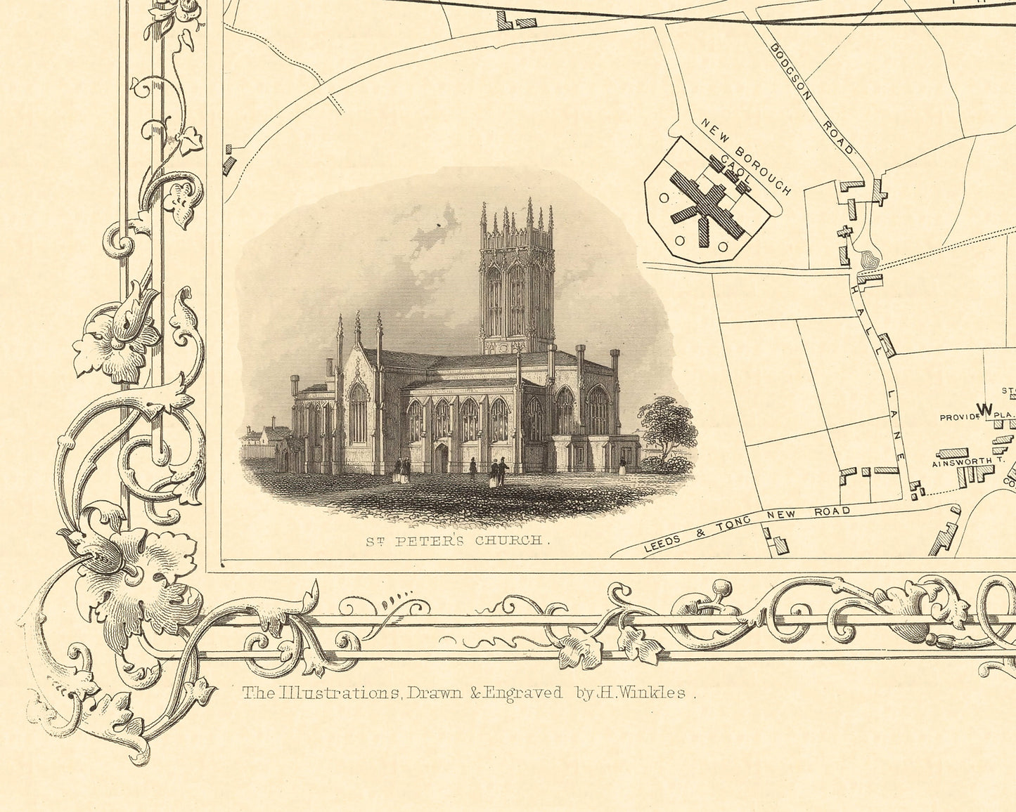 Vintage LEEDS map c. 1851 by Rapkin and Tallis, fine reproduction
