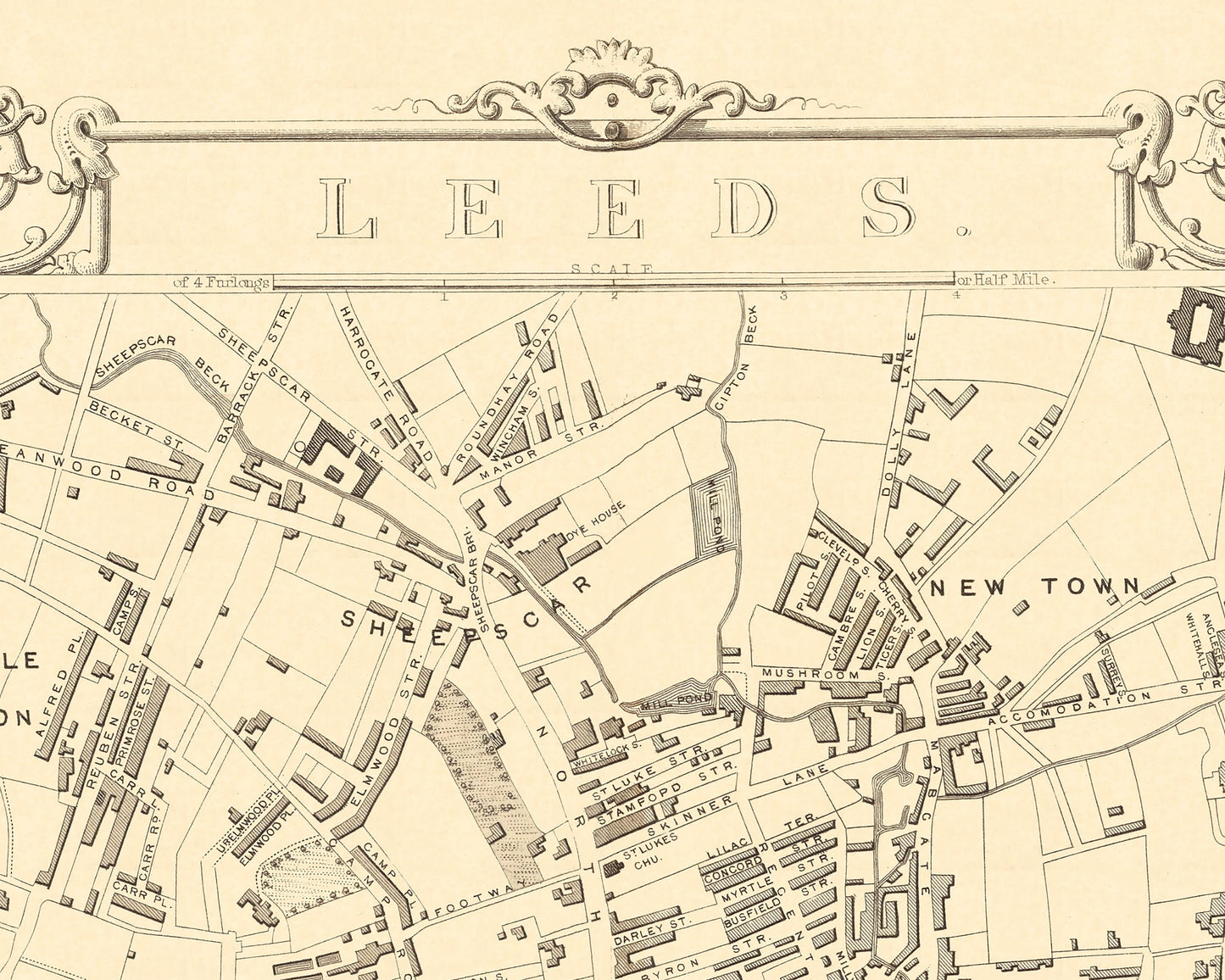 Vintage LEEDS map c. 1851 by Rapkin and Tallis, fine reproduction