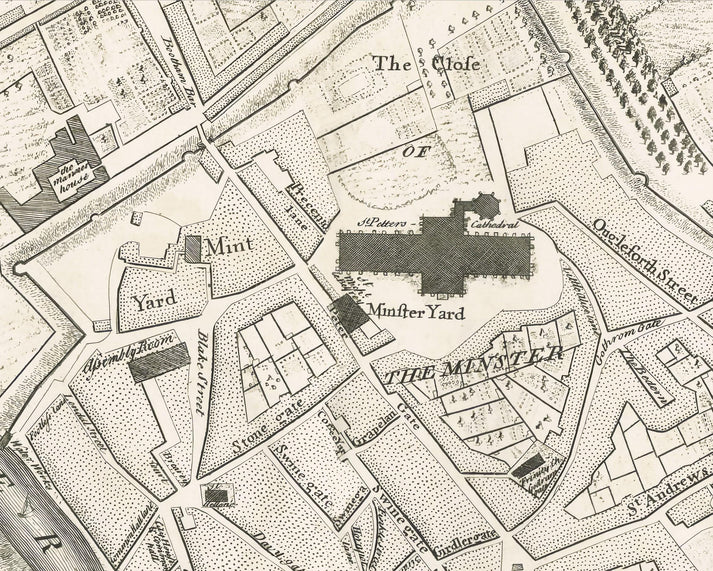 Rare Old YORK Map 1750 John Rocque York Minster Cliffords Tower rare-old-york-map-1750-john-rocque-york-minster-cliffords-tower